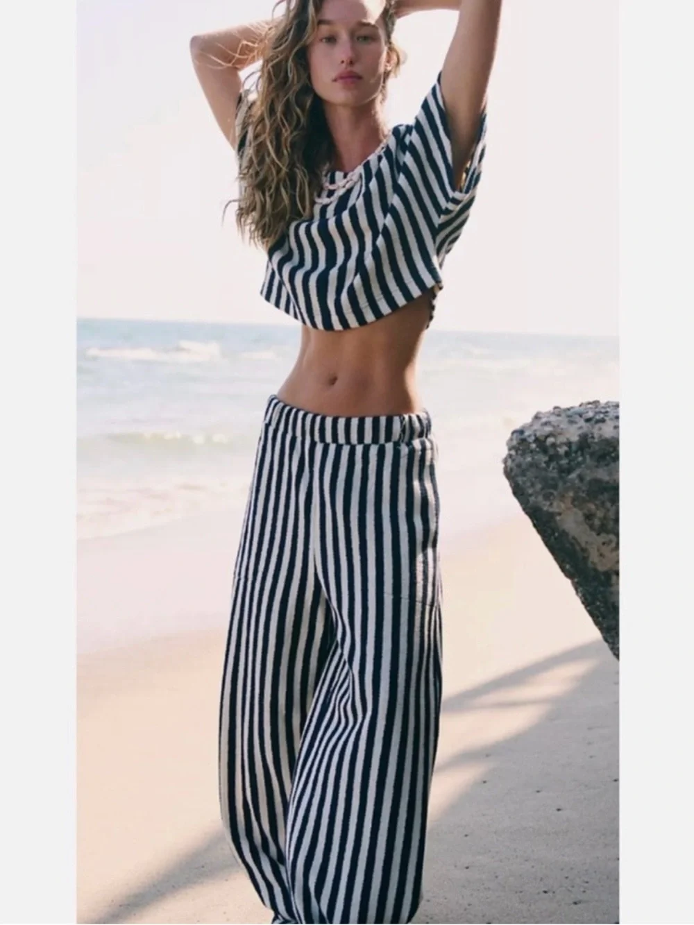 Free People Navy and Cream Striped Knit Crop Top